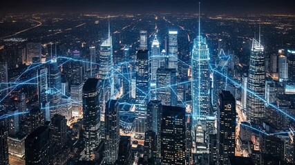 Futuristic cityscape with glowing blue network connections at night - Powered by Adobe
