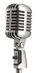 closeup of retro silver microphone on stand isolated on white background