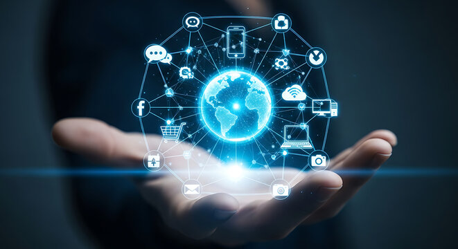 Global communication network and internet of things technology concept with a glowing earth hologram held in a hand