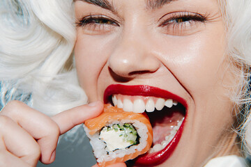 Stylish model enjoying sushi, showcasing vibrant colors and playful emotions in a modern setting,...