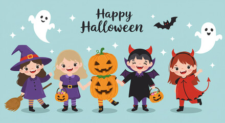Naklejka premium Children in Halloween costumes with ghosts and bats. Perfect for festive design, invitation, or digital greeting card project.