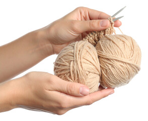 hands with knitting yarn in brown color isolated on white background