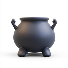 A black, round, pot-like object with two handles and a lid, placed on a white surface.