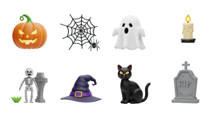 Halloween-themed icons: pumpkin, spider web, ghost, candle, cat, skull, witch hat, tombstone, grass, and a leaf.