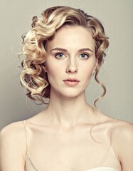 A young woman with light skin, curly hair, and a neutral expression