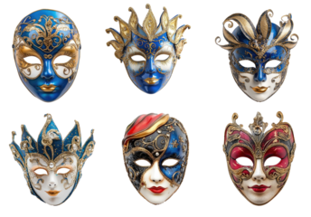 Six colorful Venetian masks with intricate designs and gold accents.