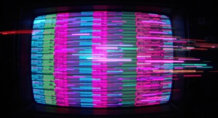 Vintage TV screen, glitch art, vibrant colors