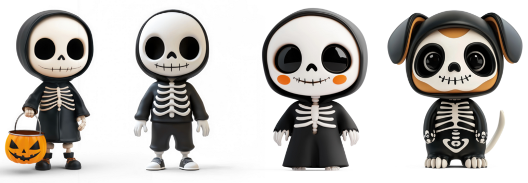 Collection of Halloween-themed skeleton figures with a dog in a Halloween costume.