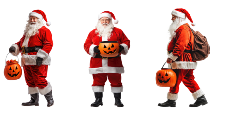 Collection of Santa Claus figures with different accessories, including a pumpkin, a backpack, and a belt.