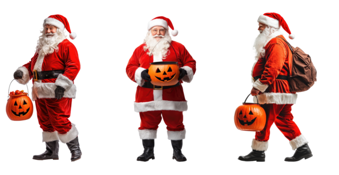 Collection of Santa Claus figures with different accessories, including a pumpkin, a backpack, and a belt.