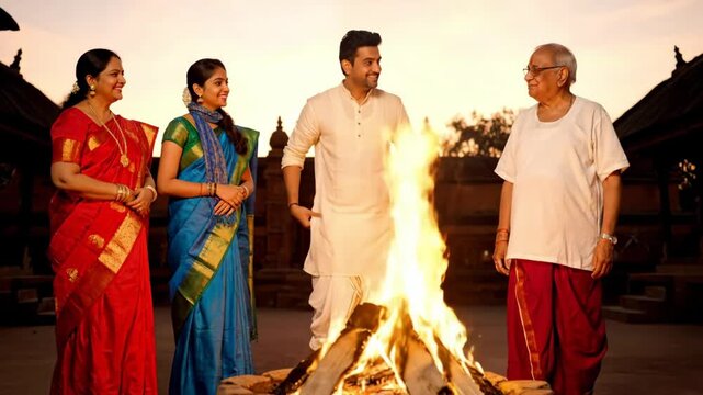 Celebrating Happy Bhogi Festival with Family A Traditional Gathering around the Sacred Bonfire, Joyful Moments and Cultural Heritage