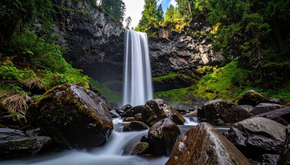 Cascading Waterfall Amidst Lush Green Forest And Moss Covered Rocks With Motion Blur Effect