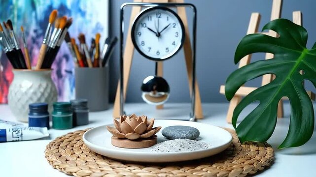 Art Studio Composition with Pendulum Clock in a Zen Garden Style Still Life Featuring Art Supplies Brushes and Easel on a White Desk with a Green Leaf Against a Blue Wall