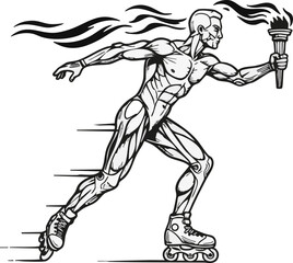 Fototapeta premium Muscular rollerblader with anatomical detail holding a flaming torch, demonstrating speed and athleticism in a dynamic black and white illustration.