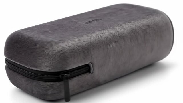 A textured, oval-shaped case, predominantly dark gray, features a black zipper and sits against a white backdrop