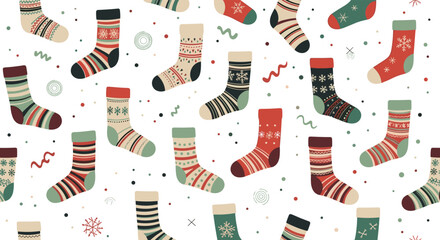 A festive collection of knitted winter socks adorned with charming holiday patterns.