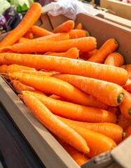 Bright orange carrots piled inside a wooden crate, ready to be sold
