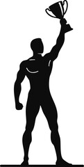 Silhouette of a muscular man triumphantly holding a trophy high above his head.