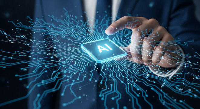 Businessman holding a futuristic AI microchip processor, symbolizing the future of technology and innovation