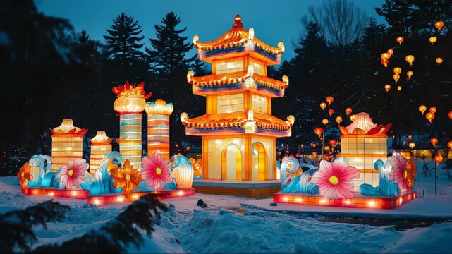 Festive lantern displays illuminate a snowy landscape in a winter celebration at night near a traditional pagoda structure