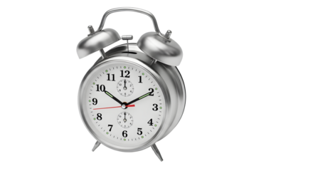 Silver alarm clock isolated on transparent background, a classic timekeeping device with bells, perfect for waking up or reminding of important events