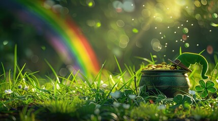 Green St. Patrick's background shows coins in pot, grass textures, rainbow light. Ideal for holiday posters, cards, or social media.