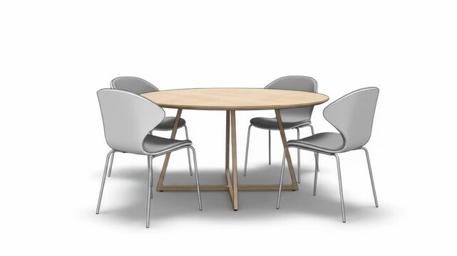A round table with a light wood top and angled wooden base is surrounded by four modern gray chairs. All sit on a white surface