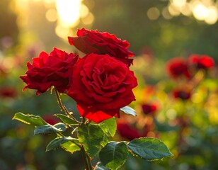Brilliant red roses bathed in warm sunlight, garden bokeh in background