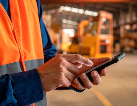 Worker in safety vest using smartphone in warehouse with forklift new image