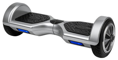 a hoverboard with silver black color and blue light isolated on white background