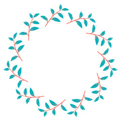 Turquoise Leaf Circle Frame. Hand Drawn Botanical Vector. Hand drawn Illustratoions