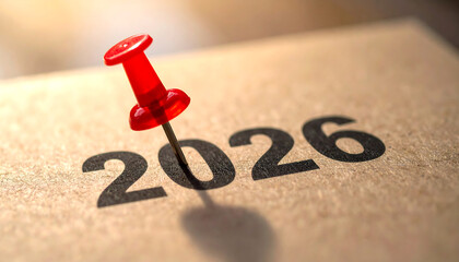 Close Up Focus of Red Pushpin on Year 2026 Calendar Concept