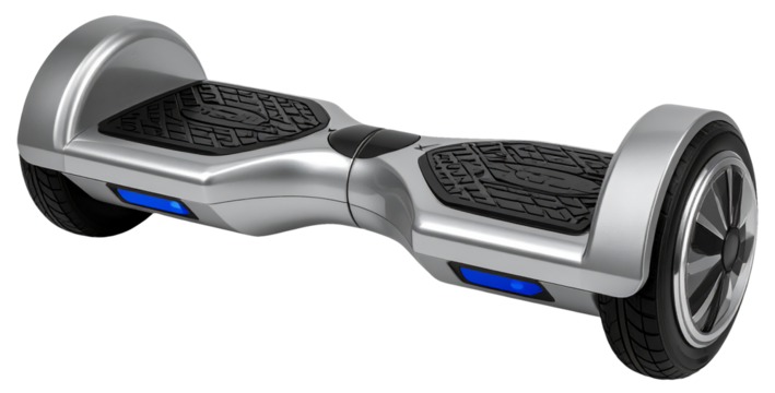 a hoverboard with silver black color and blue light isolated on white background