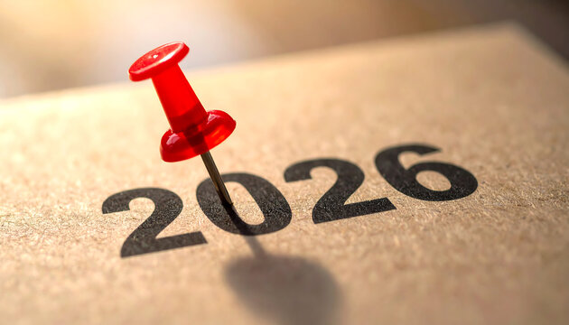 Close Up Focus of Red Pushpin on Year 2026 Calendar Concept