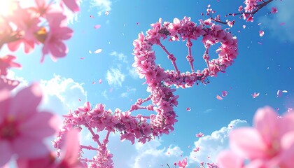 A DNA helix composed of pink flowers against a blue sky