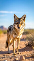 An alert coyote stands, facing the viewer, on a dusty path, with mountains in the background