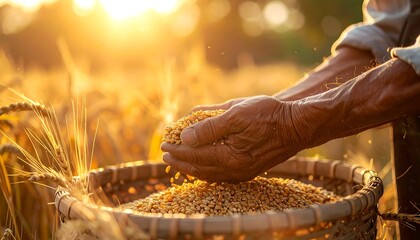 Close-up of aged hands holding grains, sunlit wheat field