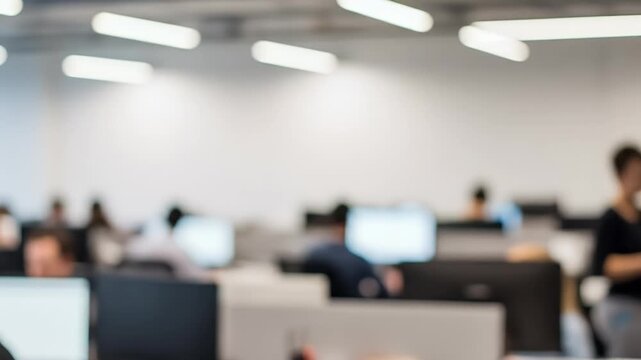 Blurred Office Background With People Working At Computers