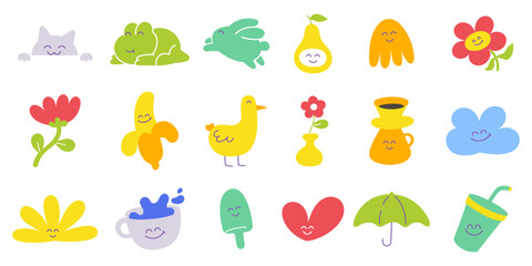Colorful illustrations of cute characters with happy faces showcasing nature and everyday objects