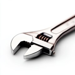 A close-up image of a shiny adjustable wrench, showcasing its gripping teeth and smooth metallic surface.