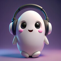 Adorable Ghost Cartoon Character with Headphones Listening with Cute Smile Playful Illustration Render Graphic 3D Design Fun Creative Character Mascot