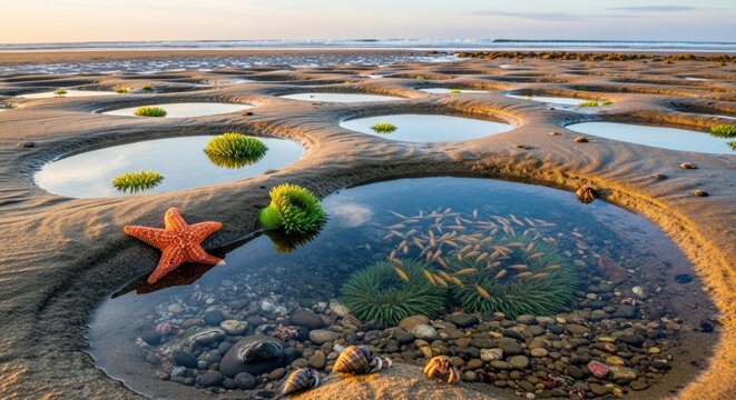 Coastal Tide Pools with Starfish and Green Algae at Sunset.