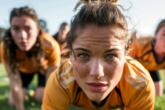 Female rugby team during intense training session