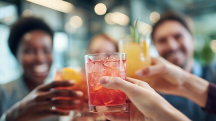Diverse Team Celebrating Success with Non-Alcoholic Cocktails in Modern Office, Cityscape Bokeh Background with Natural Window Lighting