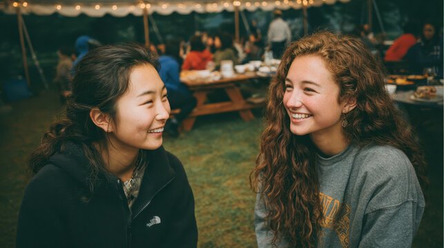 Two young women smiling and talking at outdoor gathering under tent, with string lights creating warm atmosphere