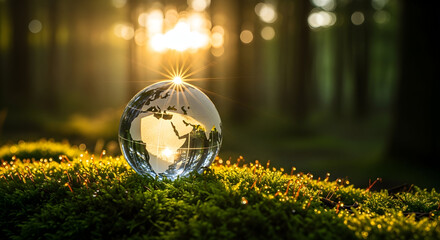 Glass globe sparkles with sunlight on moss, reflecting global harmony