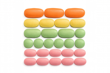 Colorful assorted medication pills, vitamins, healthcare supplements, and pharmaceutical drugs on transparent background