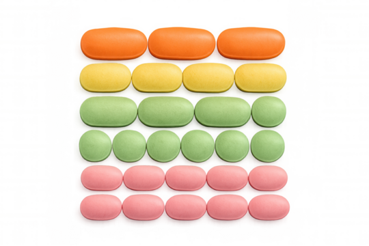 Colorful assorted medication pills, vitamins, healthcare supplements, and pharmaceutical drugs on transparent background