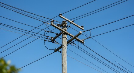 A weathered power pole, wires crisscrossing against a clear blue sky, sunlight, rural setting