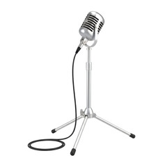 Obraz premium Sleek chrome microphone on a modern stand, embodying retro aesthetic broadcasting allure vocal